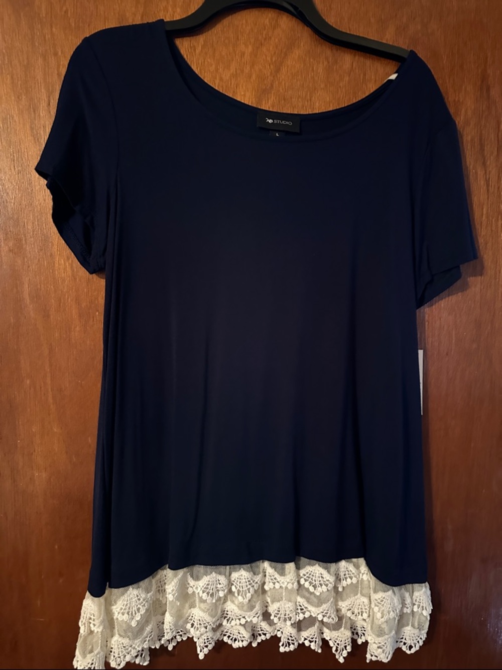 Studio Navy Short Sleeve Top with Cream Lace Trim
